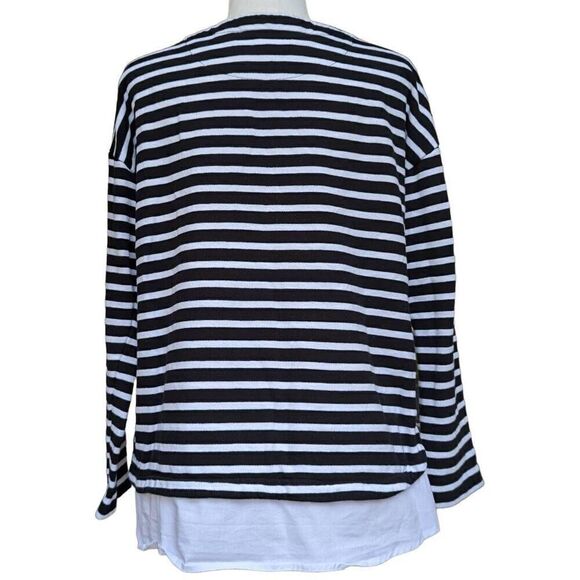 Izod Mock Layered Knit Sweater Pullover Black and White Striped Size L Buttons - Picture 7 of 9